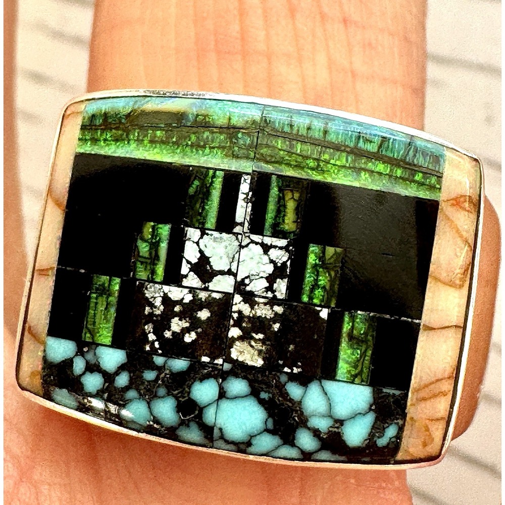 Navajo Mens Inlay Ring Turquoise Inlay Sz 12 Band 15mm Signed Tsosie Native Amer